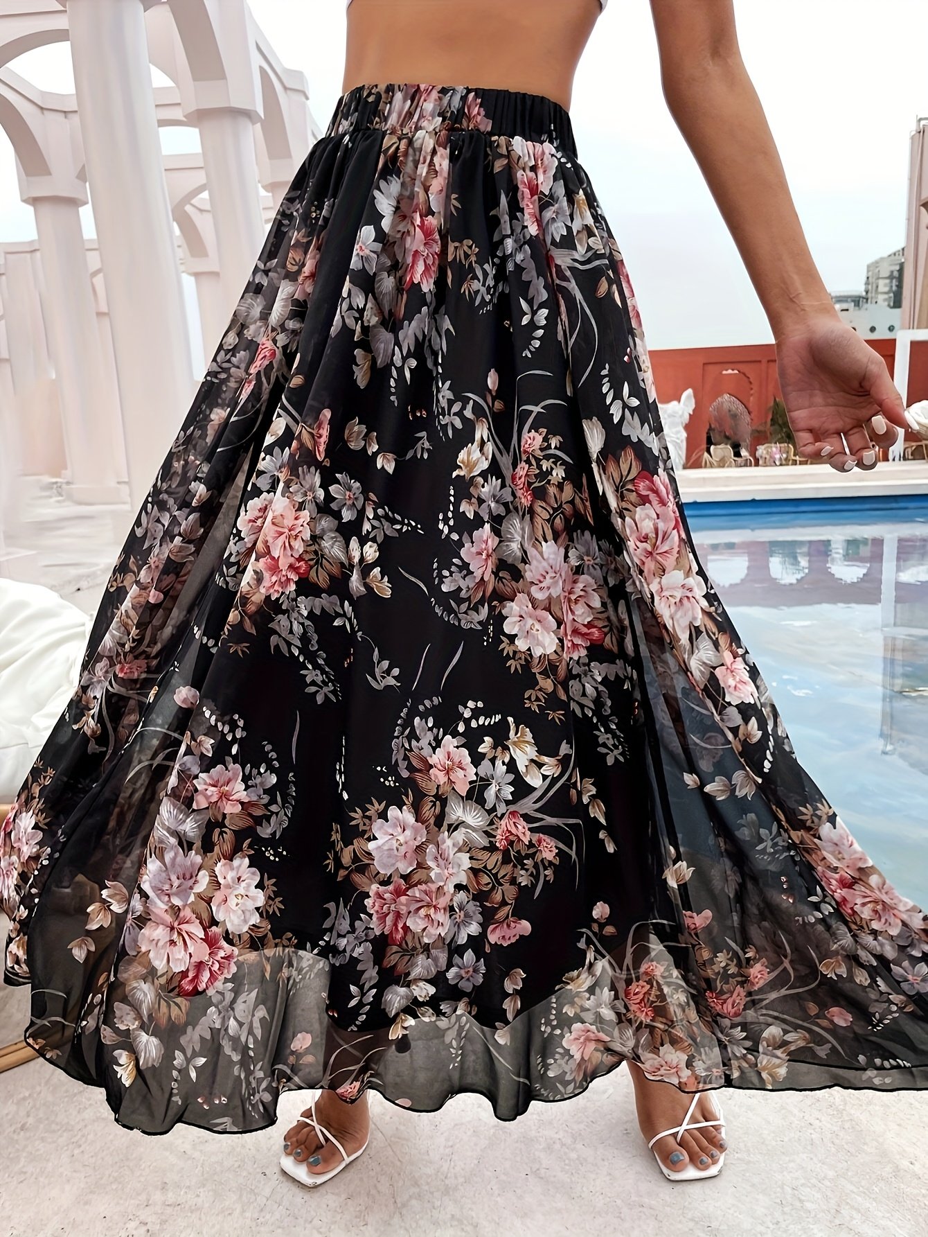 Jupe trapèze élégante à imprimé floral avec taille élastique - Jupe maxi en polyester léger pour femmes, parfaite pour le printemps/été/automne, mode printemps/été | Silhouette fluide | Jupe sans élasticité
