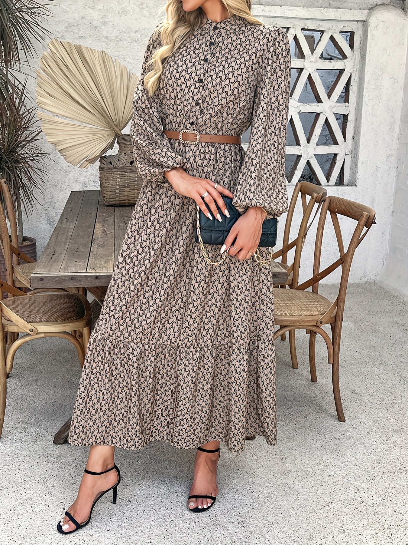 Robe boutonnée sur le devant, sans ceinture, à imprimé intégral, élégante robe ample à manches lanterne pour le printemps et l'automne, vêtements pour femmes