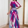 Robe Élégante Femme à Imprimé Abstrait Bleu Marine et Blanc (TEMU)