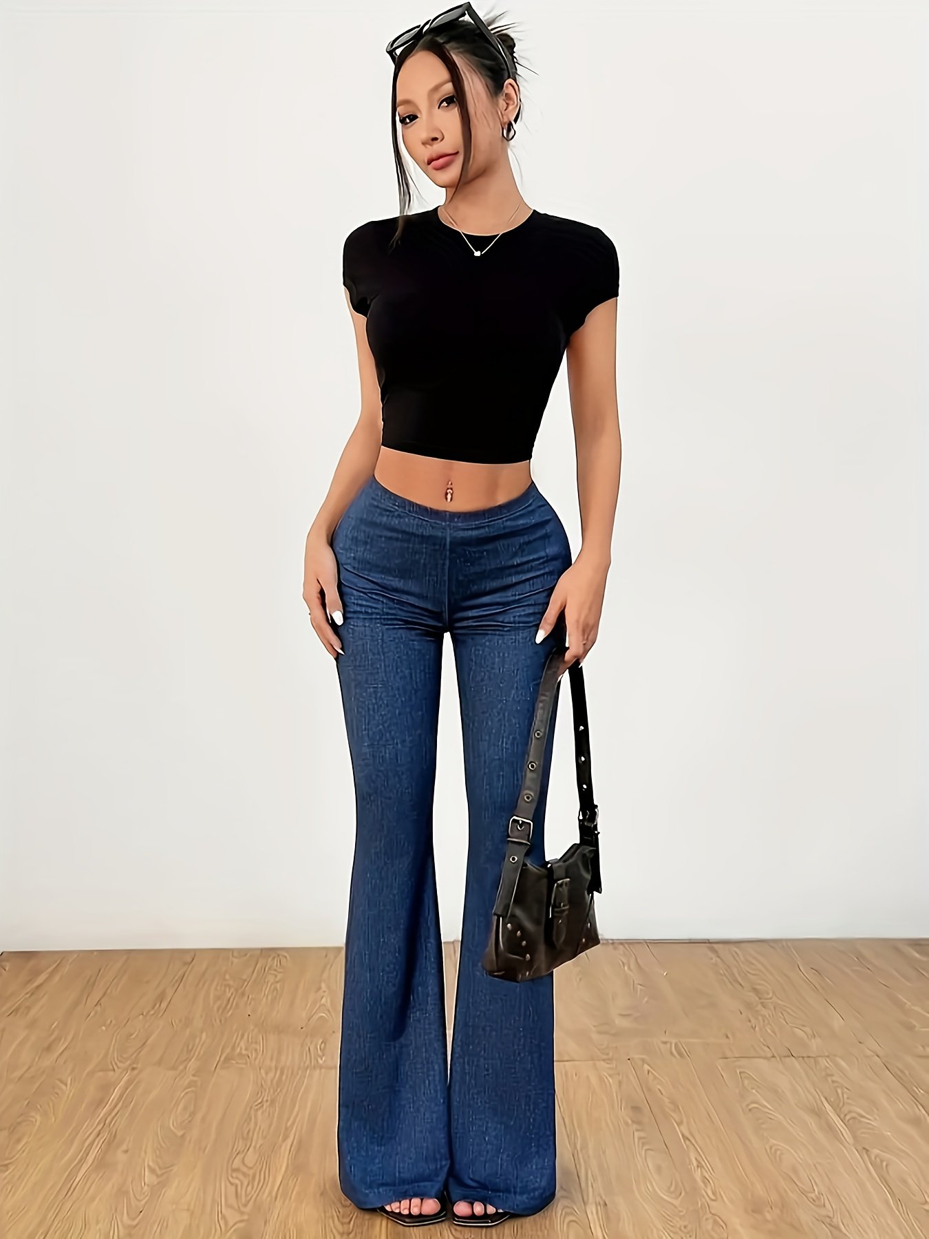 Pantalon évasé taille haute pour femme - Bas de pantalon extensible décontracté, mélange de polyester et d'élasthanne, lavable en machine, design bleu vibrant, ajustement confortable pour toutes les saisons, parfait pour une tenue décontractée
