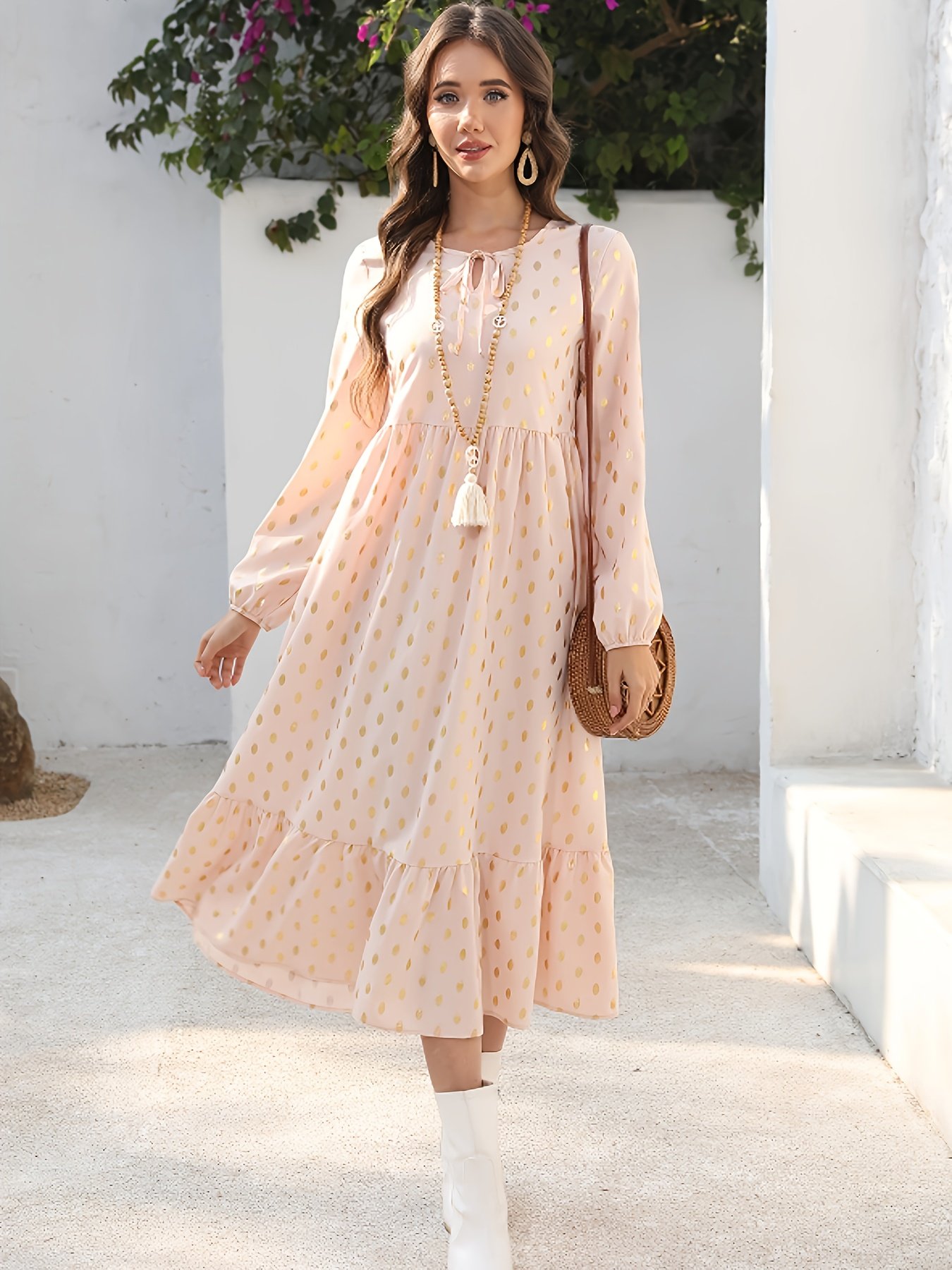 Robe longue à manches longues pour femme avec imprimé feuille d'or - Robe tissée en polyester avec encolure ronde, coupe droite, robe pour adulte toutes saisons