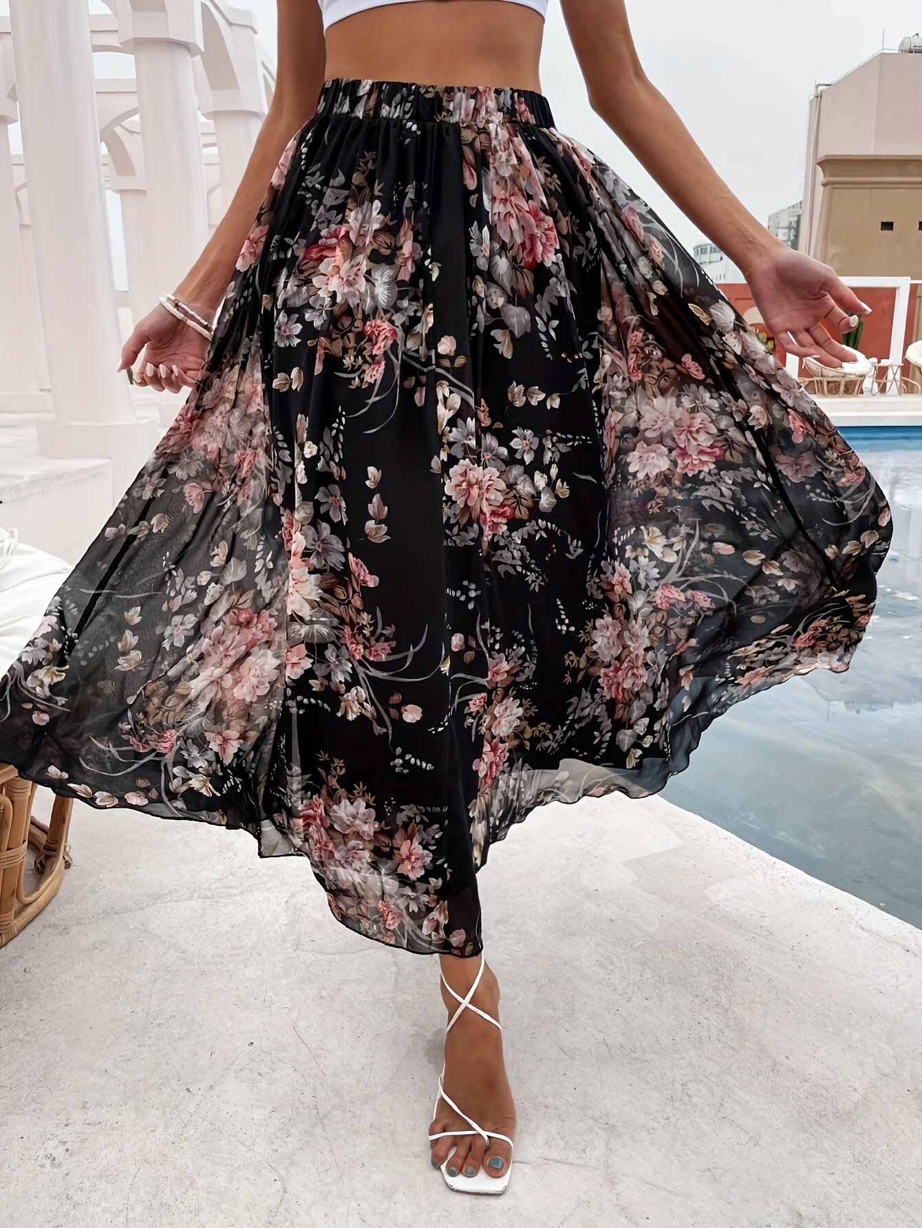 Jupe trapèze élégante à imprimé floral avec taille élastique - Jupe maxi en polyester léger pour femmes, parfaite pour le printemps/été/automne, mode printemps/été | Silhouette fluide | Jupe sans élasticité