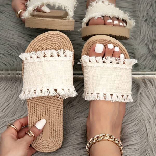 Sandales plates à franges beige pour femmes (TEMU)