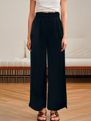Pantalon large de couleur unie pour femme avec poches (TEMU)
