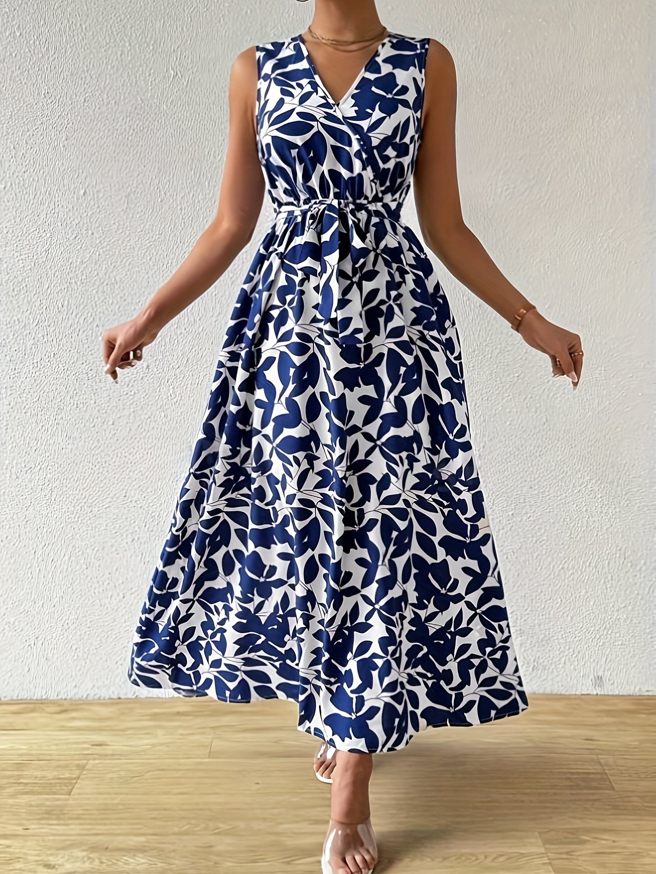 Robe Longue Élégante à Imprimé avec Col Noué et Ceinture
