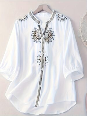 Blouse Élégante à Manches Courtes pour Femme - Broderie Florale & Perle (TEMU)