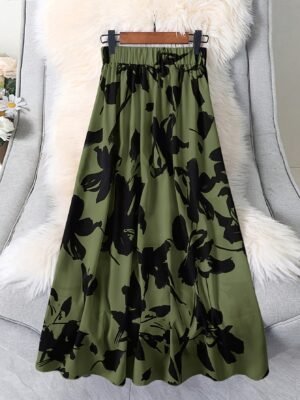 Jupe A-Line Imprimée Fleurie Olive pour Femme - Taille Élastique (TEMU)