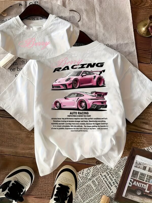 T-shirt noir pour femme avec motif de voiture de course rose (TEMU)