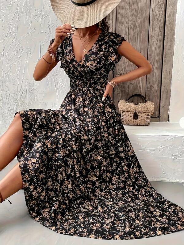 Robe midi élégante à col en V pour femme (TEMU)