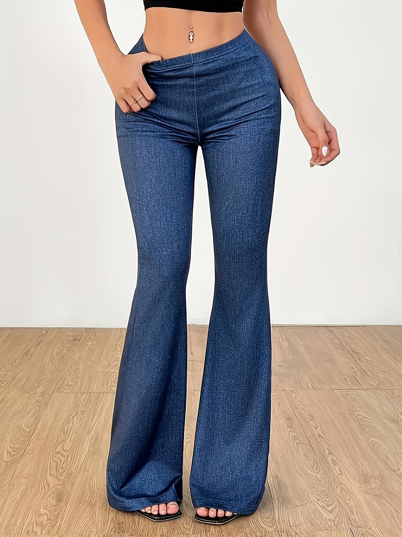 Pantalon évasé taille haute pour femme - Bas de pantalon extensible décontracté, mélange de polyester et d'élasthanne, lavable en machine, design bleu vibrant, ajustement confortable pour toutes les saisons, parfait pour une tenue décontractée
