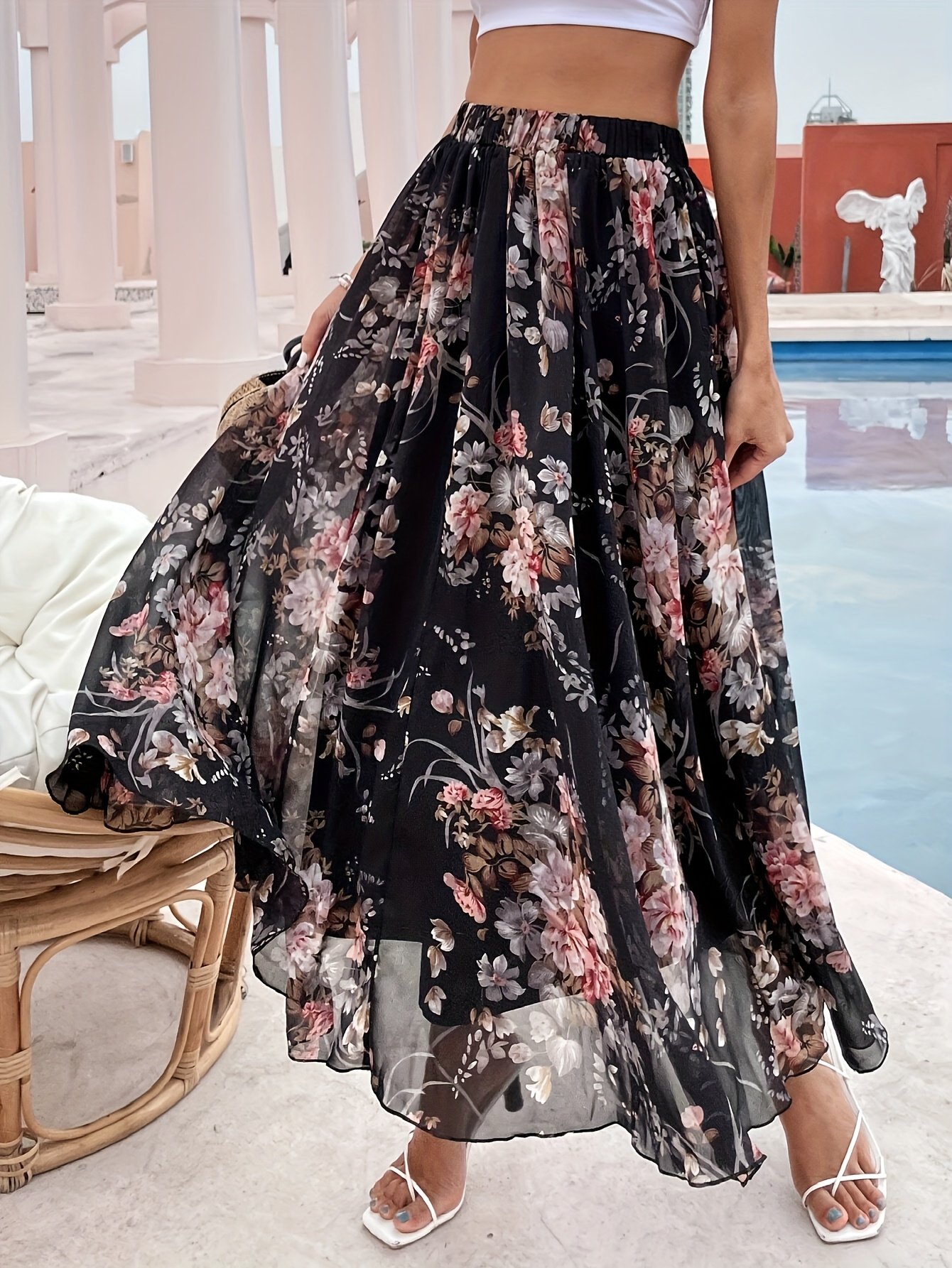 Jupe trapèze élégante à imprimé floral avec taille élastique - Jupe maxi en polyester léger pour femmes, parfaite pour le printemps/été/automne, mode printemps/été | Silhouette fluide | Jupe sans élasticité