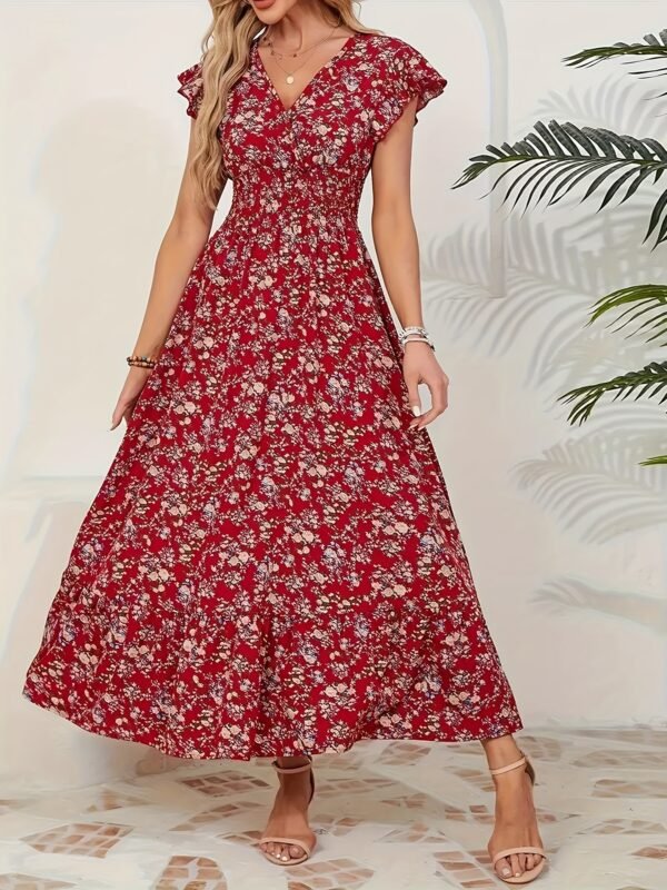 Robe midi élégante à col en V pour femme (TEMU)