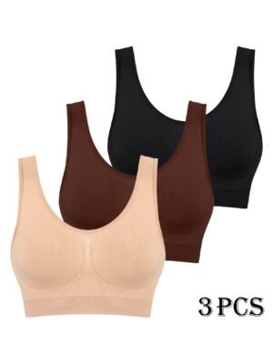 (TEMU) 3Soutien-gorge de sport monocouche sans couture pour femme, haute élasticité, lot de 3, 90 % polyamide, 10 % élasthanne, couleur unie, tissu tricoté, sans rembourrage