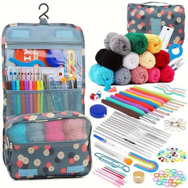 (TEMU)Kit de 130 crochets pour fil multicolore avec sac de rangement en tissu, indispensable pour tout le temps d'ouvrage à tricoter - accessoires de fabrication comprenant des crochets, des ciseaux, des aiguilles, des étiquettes d'aiguille, etc...