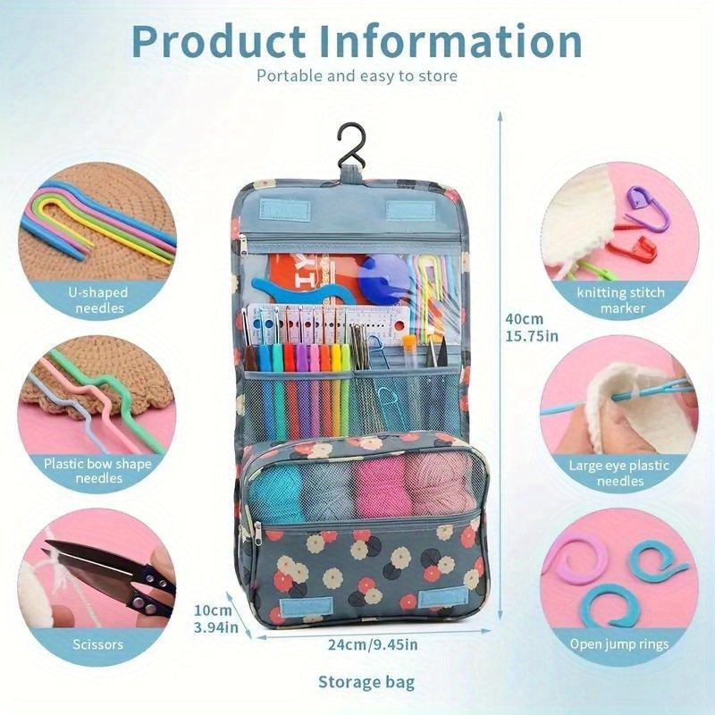 Kit de 130 crochets pour fil multicolore avec sac de rangement en tissu, indispensable pour tout le temps d'ouvrage à tricoter - accessoires de fabrication comprenant des crochets, des ciseaux, des aiguilles, des étiquettes d'aiguille, etc., adapté aux débutants et comme cadeau de vacances