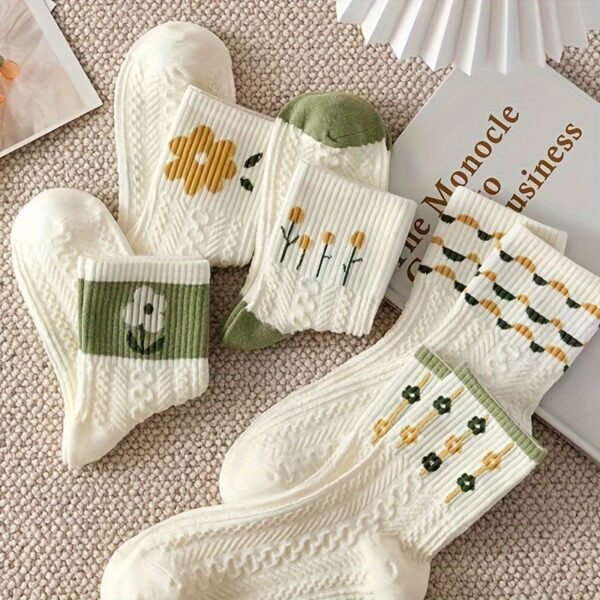 (TEMU)5 Paires de Chaussettes Mi-Mollet à Motifs Floraux pour Femmes