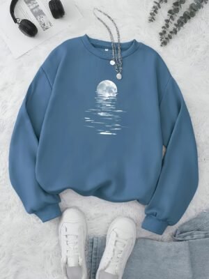 Sweat-shirt décontracté à col ras du cou, imprimé lune, tendance pour femmes(TEMU)