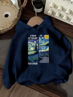 Sweat à capuche femme inspiré de la Nuit Étoilée de Van Gogh - Pull léger doublé en polaire avec imprimé "1889 AT NIGHT" (TEMU)