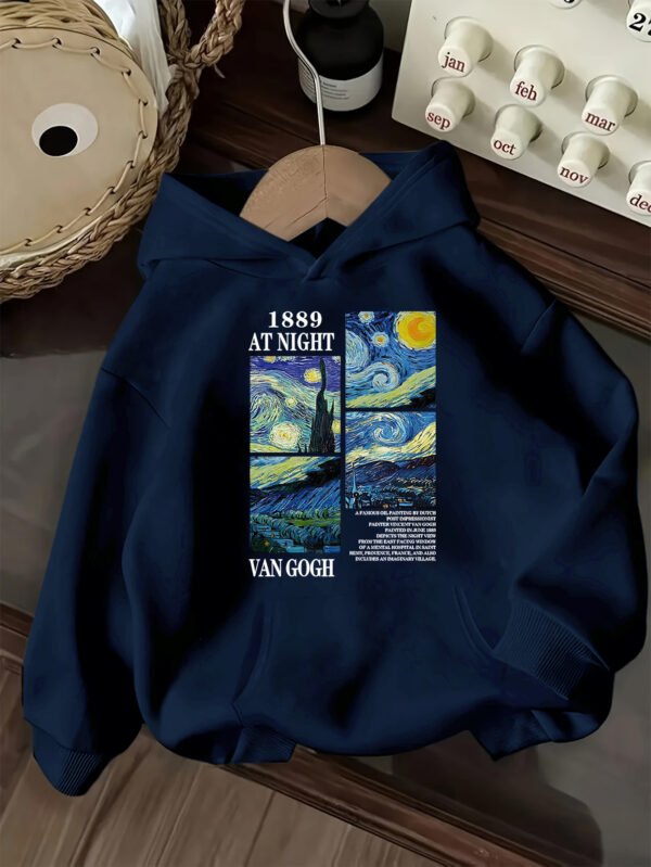 Sweat à capuche femme inspiré de la Nuit Étoilée de Van Gogh - Pull léger doublé en polaire avec imprimé "1889 AT NIGHT" (TEMU)