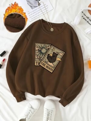 Pull Femme Décontracté à Imprimé Graphique - Design Lune et Étoiles Marron avec Texte "THE MOON" (TEMU)