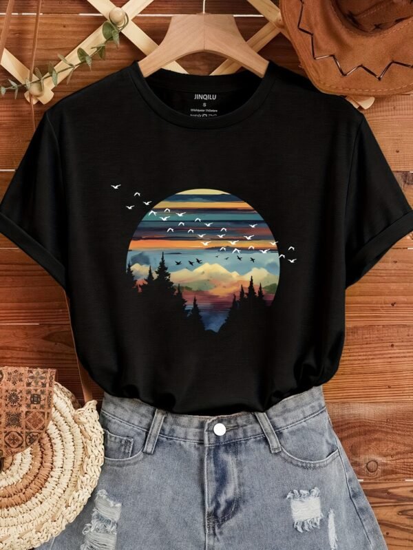 T-shirt décontracté à col rond pour femme avec impression de paysage(TEMU)