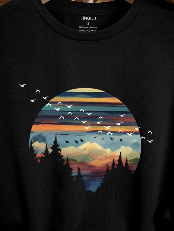 T-shirt décontracté à col rond pour femme avec impression de paysage(TEMU)