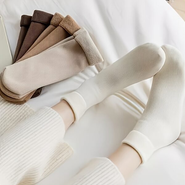 (TEMU)5 Paires de Chaussettes d'Hiver en Peluche pour Femmes - Chaussettes Douces, Extensibles, Chaudes pour la Nuit, & Intérieur, Beige, Brun, Noir, Blanc, Chaussettes Mignonnes