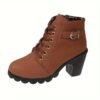 Femmes Bottes Courtes À Talons Chunky Unies, Bottes À Lacets de Mode Cheville À Fermeture Éclair Latérale Confortables Pour Femmes(TEMU)