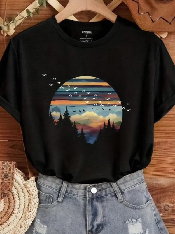 T-shirt décontracté à col rond pour femme avec impression de paysage(TEMU)