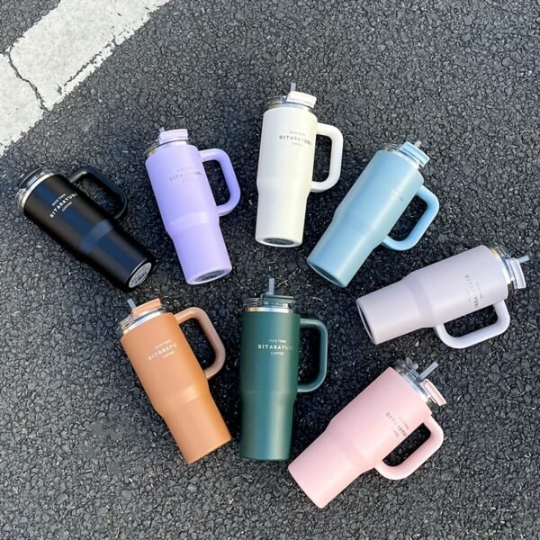 Gobelet Isolé en Acier Inoxydable 900ml avec Paille et Poignée, Étanche, Sans BPA(TEMU)