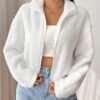 Veste Teddy zippée de couleur unie, manteau décontracté à manches longues et épaules tombantes pour l'automne et l'hiver (TEMU)