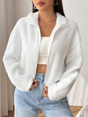 Veste Teddy zippée de couleur unie, manteau décontracté à manches longues et épaules tombantes pour l'automne et l'hiver (TEMU)