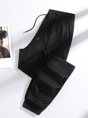 Pantalon taille haute pour femme avec ceinture à cordon, tissu élastique, poches latérales (TEMU)