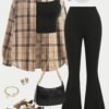 Ensemble 3 pièces de chemise à manches longues à carreaux kaki ciblée DP010599+Vica, haut court noir, pantalon évasé(TEMU)