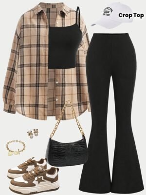 Ensemble 3 pièces de chemise à manches longues à carreaux kaki ciblée DP010599+Vica, haut court noir, pantalon évasé(TEMU)