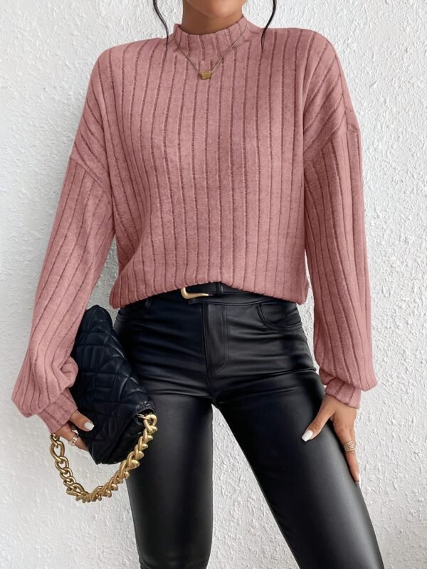 69dffb54-e54f-4bb7-ac0f-fc8bcc77d454 T-shirt à manches longues de couleur unie, haut élégant à col montant pour le printemps et l'automne(TEMU)