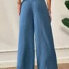 Pantalon Large Coupe Élégante Bleu -  Couleur Unie (TEMU)