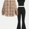Ensemble 3 pièces de chemise à manches longues à carreaux kaki ciblée DP010599+Vica, haut court noir, pantalon évasé(TEMU)