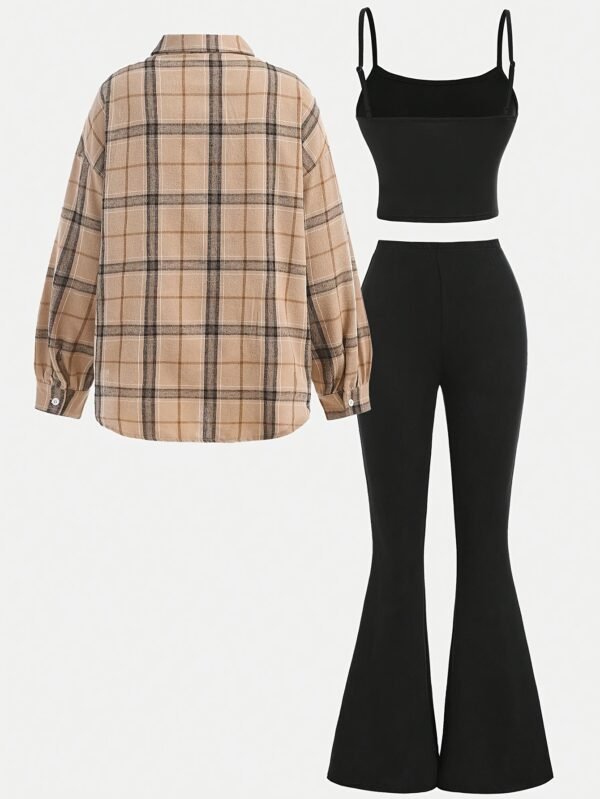 Ensemble 3 pièces de chemise à manches longues à carreaux kaki ciblée DP010599+Vica, haut court noir, pantalon évasé(TEMU)