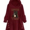Sweat à capuche imprimé chat et slogan, sweat-shirt décontracté à manches longues avec boutons décoratifs, vêtements pour femmes(TEMU)