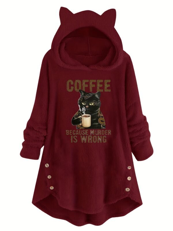 Sweat à capuche imprimé chat et slogan, sweat-shirt décontracté à manches longues avec boutons décoratifs, vêtements pour femmes(TEMU)