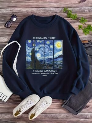 Pull Femme Van Gogh Nuit Étoilée - Sweat à Manches Longues Col Rond Bleu Marine, Confortable et Décontracté(TEMU)