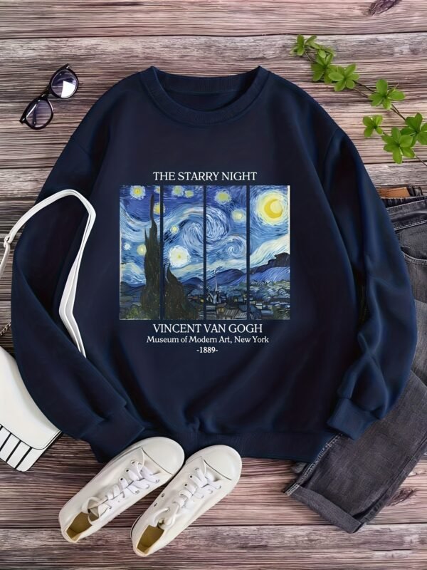 Pull Femme Van Gogh Nuit Étoilée - Sweat à Manches Longues Col Rond Bleu Marine, Confortable et Décontracté(TEMU)
