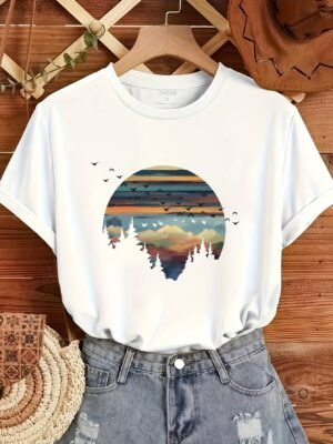 T-shirt décontracté à col rond pour femme avec impression de paysage(TEMU)