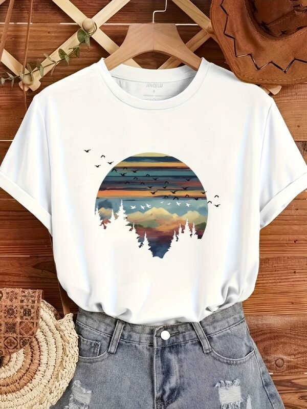 T-shirt décontracté à col rond pour femme avec impression de paysage(TEMU)
