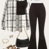 Ensemble 3 pièces de chemise à manches longues à carreaux kaki ciblée DP010599+Vica, haut court noir, pantalon évasé(TEMU)