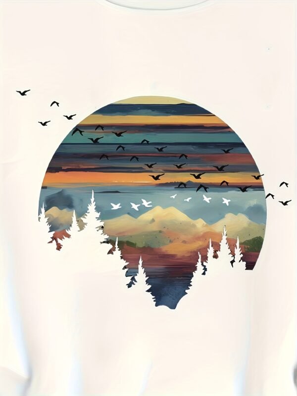 T-shirt décontracté à col rond pour femme avec impression de paysage(TEMU)