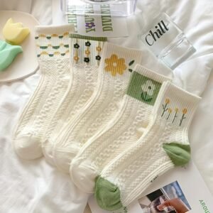 (TEMU)5 Paires de Chaussettes Mi-Mollet à Motifs Floraux pour Femmes