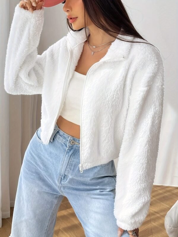 Veste Teddy zippée de couleur unie, manteau décontracté à manches longues et épaules tombantes pour l'automne et l'hiver (TEMU)