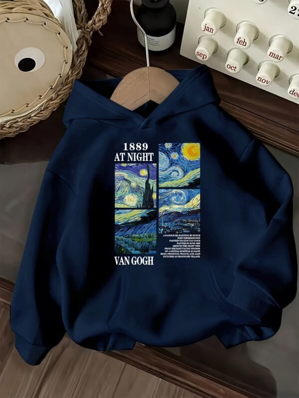 Sweat à capuche femme inspiré de la Nuit Étoilée de Van Gogh - Pull léger doublé en polaire avec imprimé "1889 AT NIGHT" (TEMU)